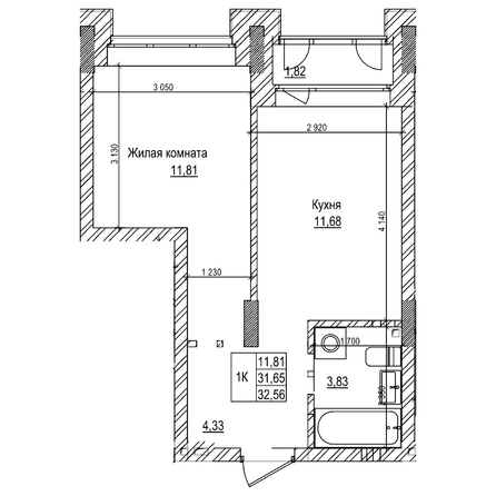 Планировка 1-комн 31,6 м²