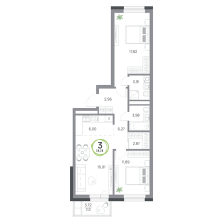 Планировка 3-комн 73,71, 73,73 м²