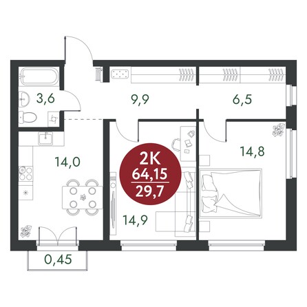 Планировка 2-комн 64,15 м²