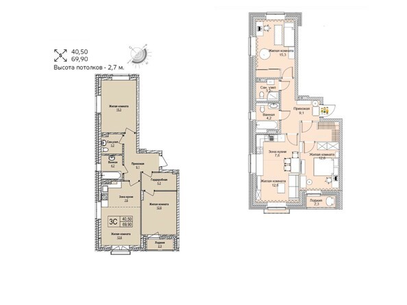 Планировка трехкомнатной квартиры 69,9 кв.м
