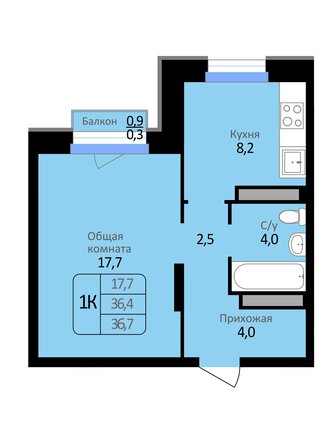 Планировка 1-комн 36,7, 37,1 м²