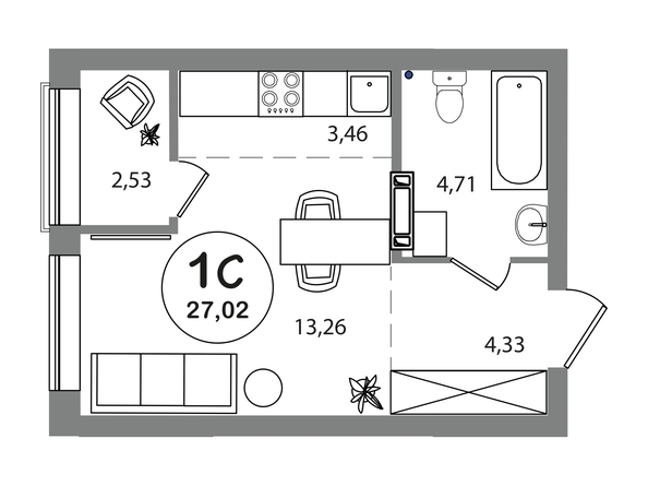 Планировка Студия 27,02 м²