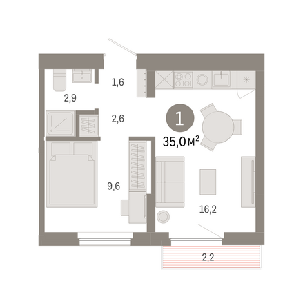 Планировка 1-комн 34,99 м²