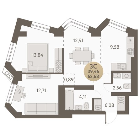 Планировка 3-комн 62,68 - 63,26 м²