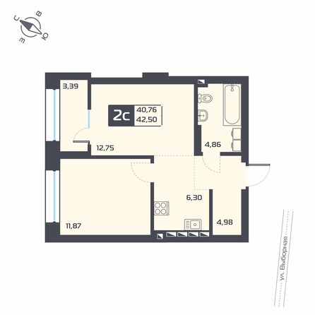 Планировка 2-комн 42,46 м²