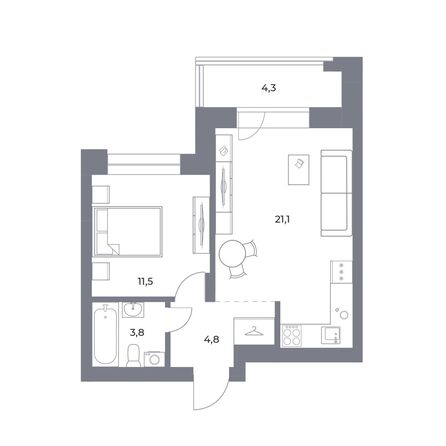 Планировка 1-комн 45,5 - 46,1 м²