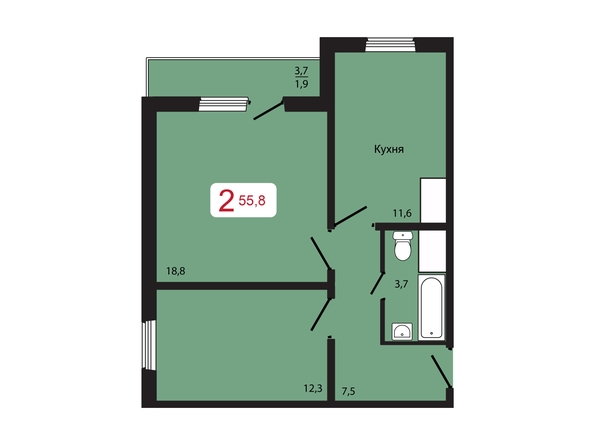 Планировка 2-комн 55,8 м²