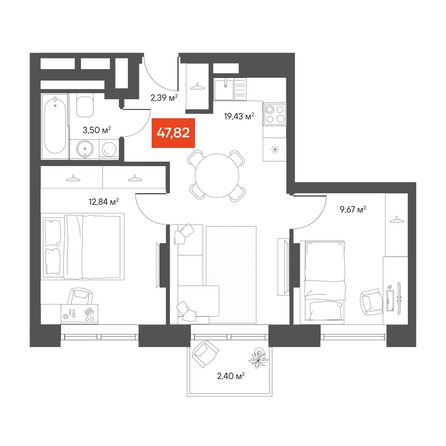 Планировка 2-комн 47,61 м²