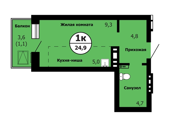 Планировка Студия 24,9 - 25,6 м²