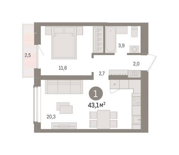 Планировка 1-комн 43,09 м²