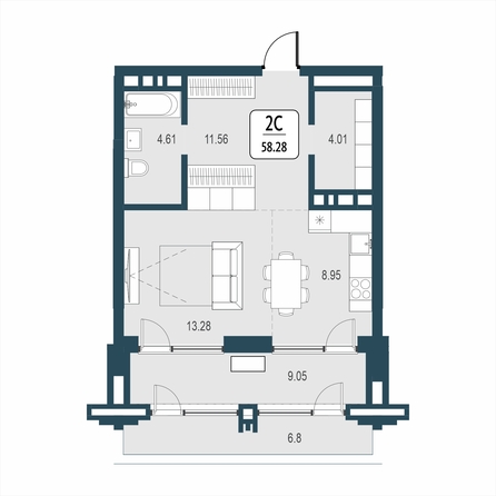 Планировка 2-комн 58,28 м²