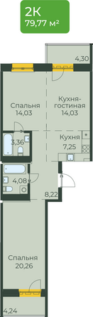 Планировка 2-комн 79,77 м²