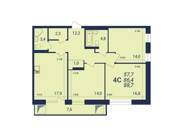 Планировка 4-комнатной квартиры 88,7 кв.м
