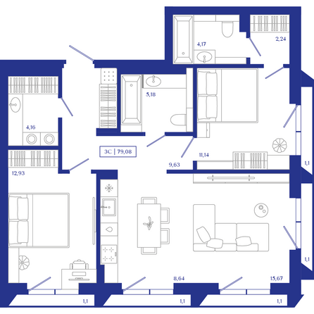 Планировка 3-комн 79,08 м²