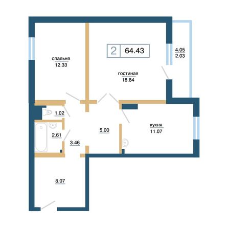 Планировка 2-комн 64,43 м²