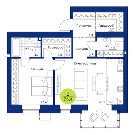 Планировка 2-комн 76,4 м²