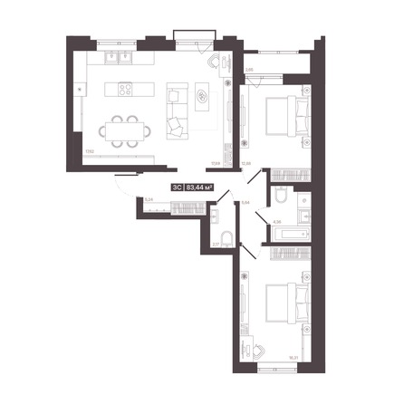 Планировка 3-комн 83,44 м²