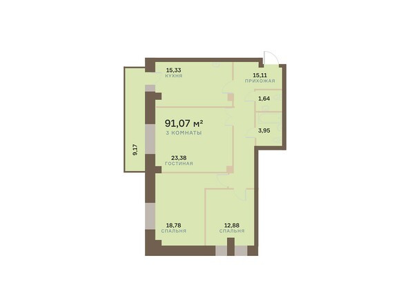 Планировка трехкомнатной квартиры 91,07 кв.м