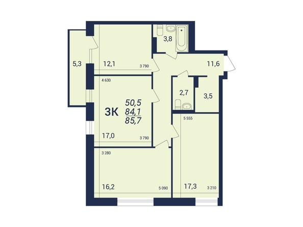 Планировка 3-комнатной квартиры 85,7 кв.м