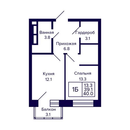 Планировка 1-комн 40 м²