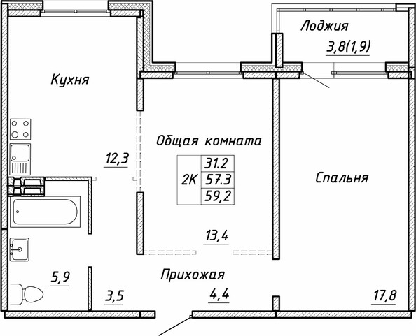 Планировка 2-комн 59,2 м²