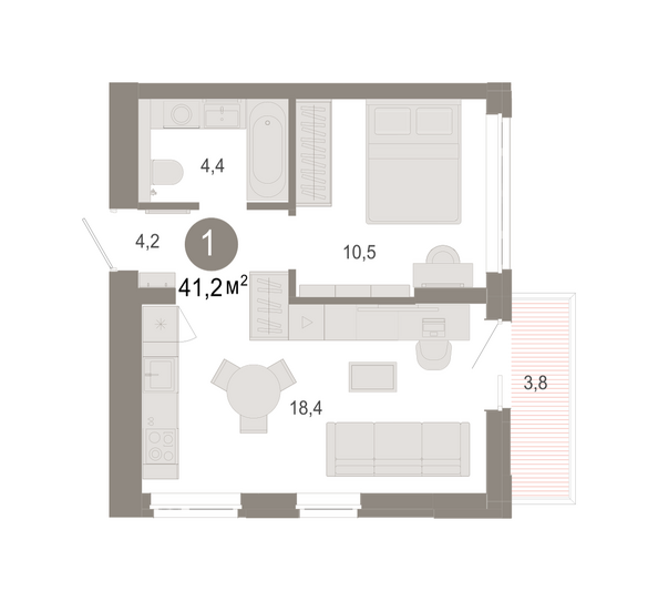 Планировка 1-комн 41,17 - 41,35 м²