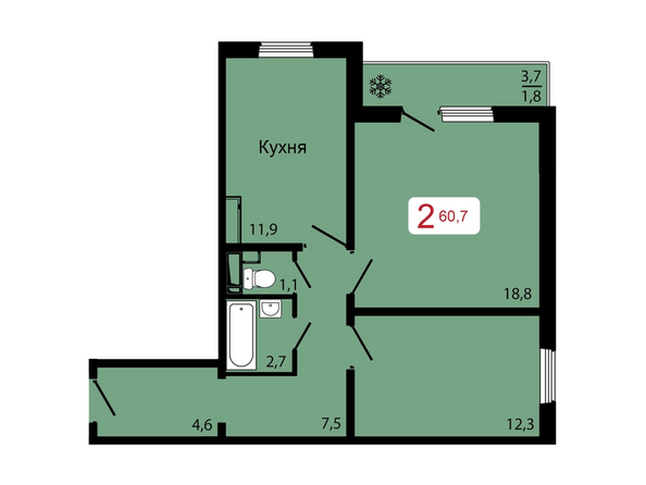 Планировка 2-комн 60,7 м²