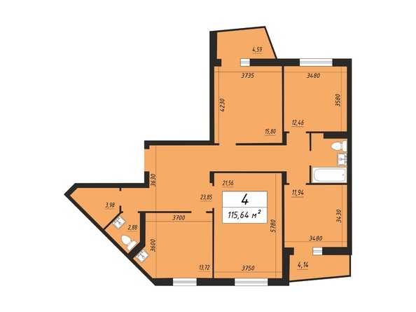 Планировка четырехкомнатной квартиры 115,64 кв.м