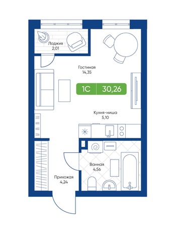 Планировка 1-комн 30,26, 30,31 м²