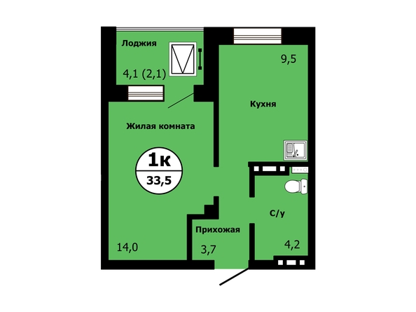 Планировка Студия 33,5 м²