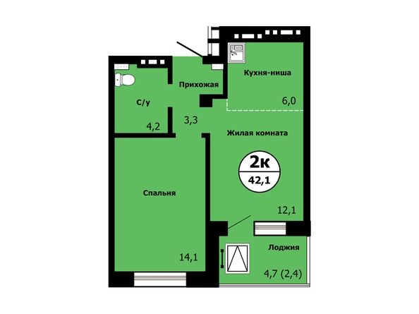 Планировка 2-комн 42,1 м²