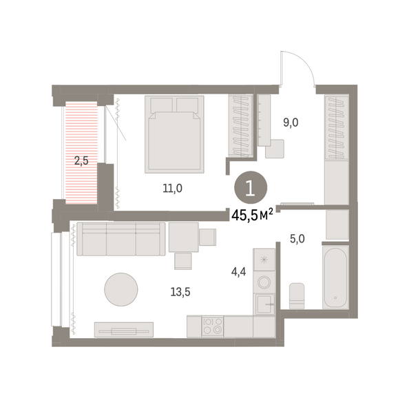 Планировка 1-комн 45,04, 45,07 м²