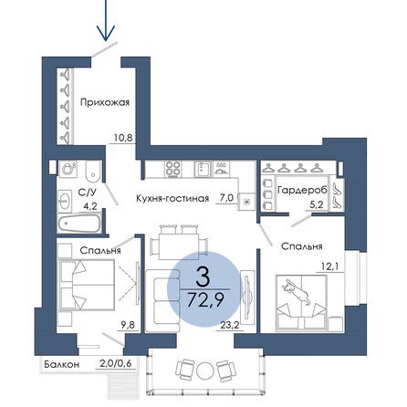 Планировка 3-комн 72,9 м²