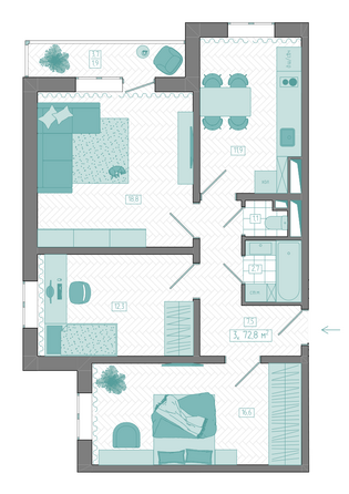 Планировка 3-комн 72,8 м²