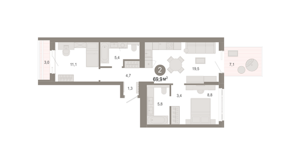 Планировка 2-комн 69,89 м²