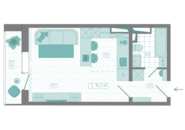 Планировка 1-комн 34,2 м²