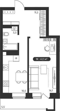 Планировка 1-комн 41,1 м²