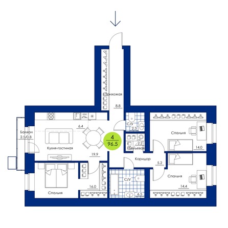 Планировка 4-комн 96,5 м²