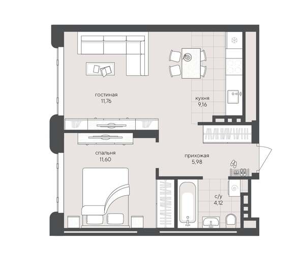 Планировка 1-комн 42,62 м²
