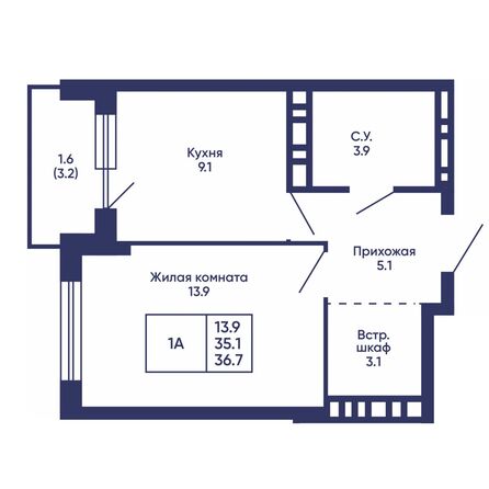 Планировка 1-комн 36,7 - 37,1 м²