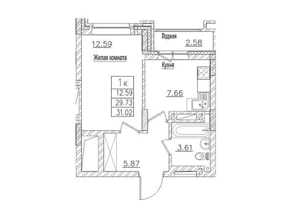 Планировка 1-комн 29,7, 31,02 м²