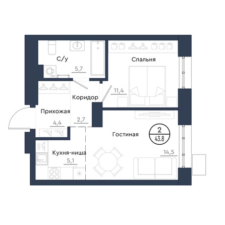 Планировка 2-комн 43,8 м²