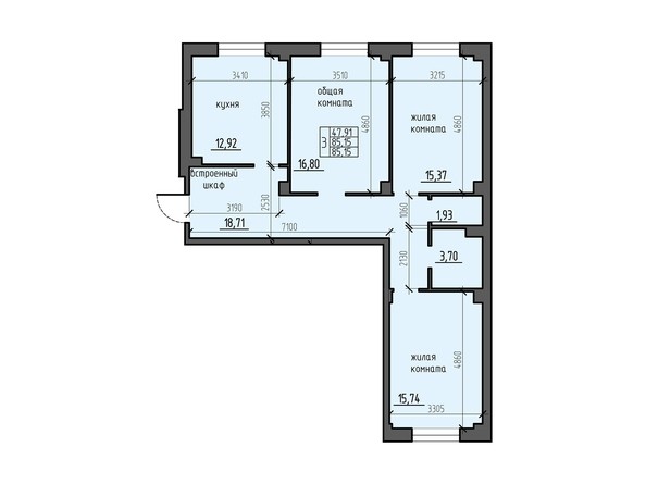 Планировка трехкомнатной квартиры 85,1 кв.м