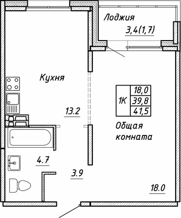 Планировка 1-комн 41,5 м²