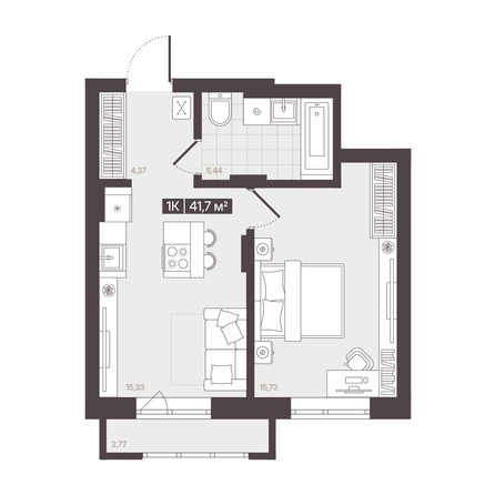 Планировка 1-комн 41,01, 41,7 м²