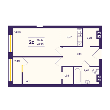 Планировка 2-комн 47,87, 47,96 м²