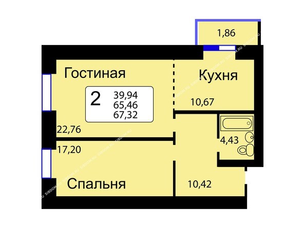 Б/С - 13. Планировка двухкомнатной квартиры 67,32 кв.м. Этажи 10-16.