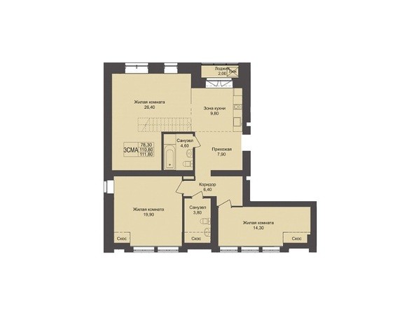 Планировка 3-комнатной квартиры 111,8 кв.м