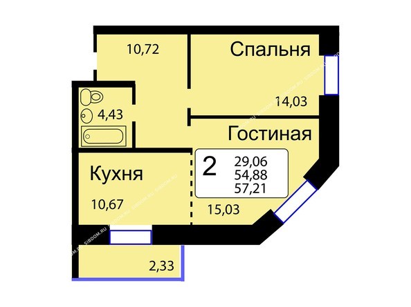 Б/С - 12. Планировка двухкомнатной квартиры 57,21 кв.м. Этажи 10-16.