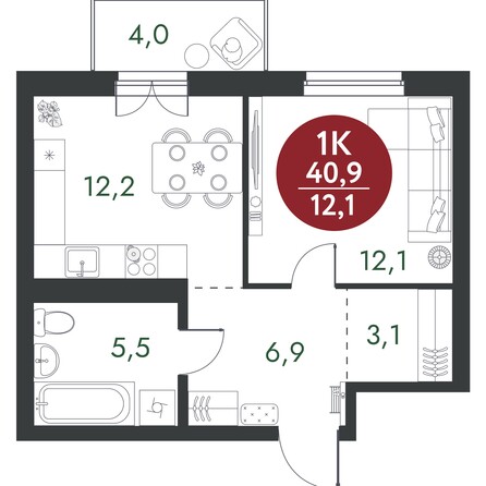 Планировка 1-комн 40,9, 41,2 м²